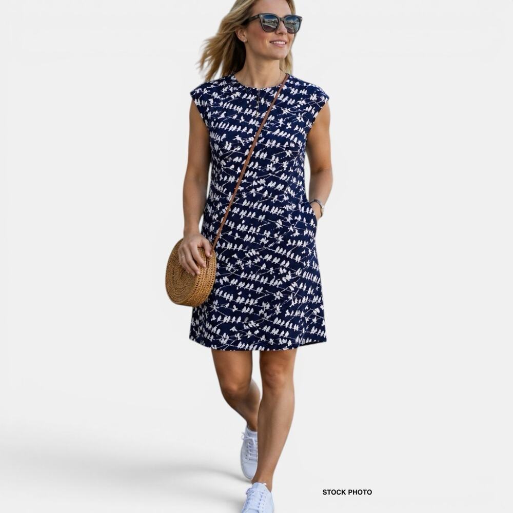 SM Wardrobe Navy Bird Print Shift Dress Size M Cottagecore Pockets Above Knee